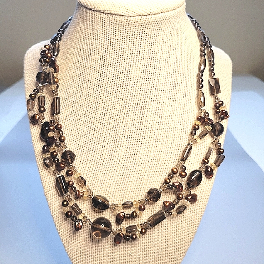 LUC Lucas Lameth 925 Sterling 2 Tier Pearl and Smokey Quartz Beaded Necklace